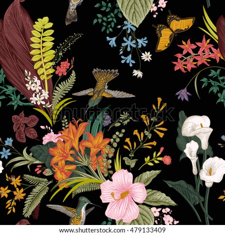 Vector seamless vintage floral pattern. Exotic flowers and birds. Botanical classic illustration. Colorful Vector seamless vintage floral pattern. Exotic flowers and birds. Botanical classic illustration. Colorful