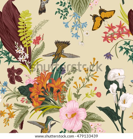 Vector seamless vintage floral pattern. Exotic flowers and birds. Botanical classic illustration. Colorful Vector seamless vintage floral pattern. Exotic flowers and birds. Botanical classic illustration. Colorful