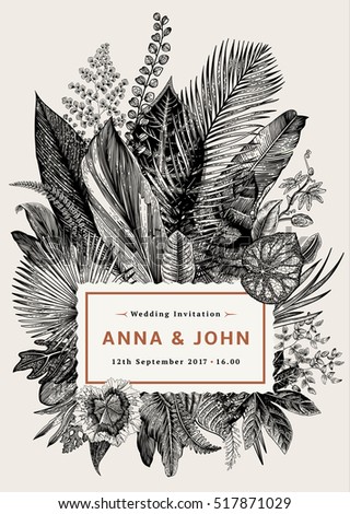 Vector vintage card. Wedding invitation. Botanical illustration. Tropical leaves. Black and white. Vector vintage card. Wedding invitation. Botanical illustration. Tropical leaves. Black and white.