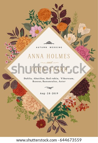 Wedding invitation. Colorful summer and autumn flowers is an gold background. Dahlias, Ruscus, Viburnum, Ranunculus. Modern floristics. Vector illustration. Wedding invitation. Colorful summer and autumn flowers is an gold background. Dahlias, Ruscus, Viburnum, Ranunculus. Modern floristics. Vector illustration.