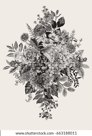 Summer and autumn bouquet. Dahlias, Ruscus, Viburnum, Ranunculus, cherry. Vector vintage illustration. Black and white Summer and autumn bouquet. Dahlias, Ruscus, Viburnum, Ranunculus, cherry. Vector vintage illustration. Black and white