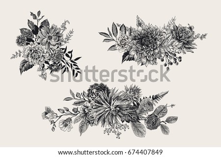Summer and autumn set floral bouquets. Dahlias, Ruscus, Viburnum, Ranunculus. Modern floristics. Vector illustration. Black and white Summer and autumn set floral bouquets. Dahlias, Ruscus, Viburnum, Ranunculus. Modern floristics. Vector illustration. Black and white