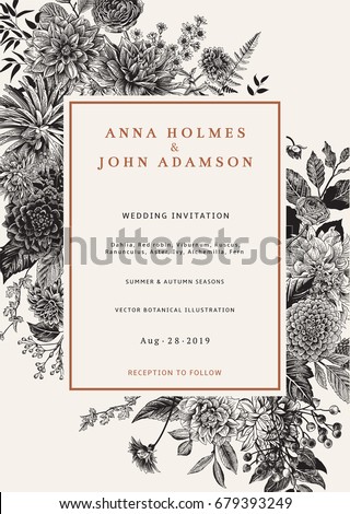 Wedding invitation. Autumn flowers, leaves and berries. Dahlias, Ruscus, Viburnum, Ranunculus. Modern floristics. Vector illustration. Black and white Wedding invitation. Autumn flowers, leaves and berries. Dahlias, Ruscus, Viburnum, Ranunculus. Modern floristics. Vector illustration. Black and white