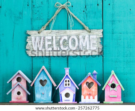 with  hanging welcome rustic row Wood of spring birdhouses sign spring colorful  sign over