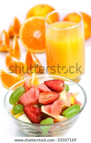 Orange Juice and Orange with Strawberry Salad - stock photo