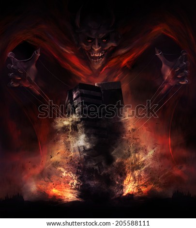 Devil destruction. Smiling demon looking creature destroying building with a rope hold illustration. - stock photo