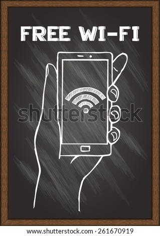stock vector hand drawn free wifi on chalkboard hand holding smart phone 261670919