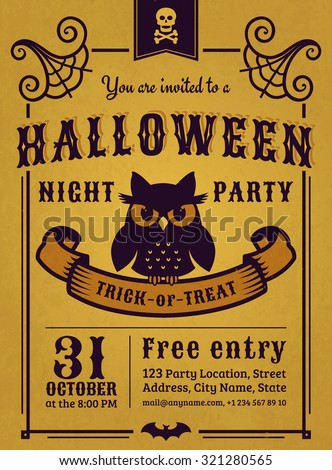 stock vector invitation to halloween night party vintage card with gloomy owl on gold background vector 321280565