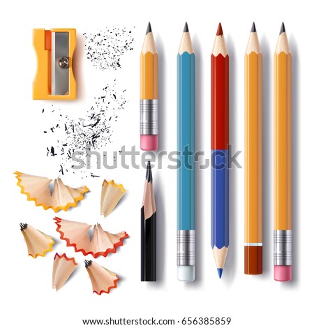 Set of vector illustrations in realistic style sharpened pencils of various lengths with a rubber and without, a sharpener, pencil shavings and a graphite isolated on white Set of vector illustrations in realistic style sharpened pencils of various lengths with a rubber and without, a sharpener, pencil shavings and a graphite isolated on white
