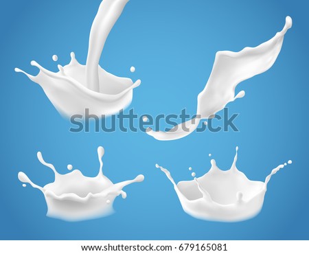 Set of 3D vector illustrations, milk splash and pouring, realistic natural dairy products, yogurt or cream, isolated on blue background. Print, template, design element Set of 3D vector illustrations, milk splash and pouring, realistic natural dairy products, yogurt or cream, isolated on blue background. Print, template, design element