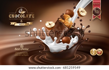 Vector 3D realistic illustration, splashes of melted chocolate and milk with falling piece of chocolate bar and hazelnuts. Chocolate bar packaging design, template, advertising poster for promotion Vector 3D realistic illustration, splashes of melted chocolate and milk with falling piece of chocolate bar and hazelnuts. Chocolate bar packaging design, template, advertising poster for promotion