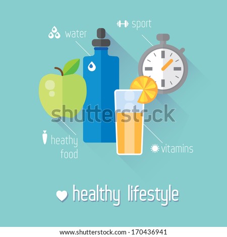 Healthy lifestyle flat illustration. Food, water and sport - stock ...