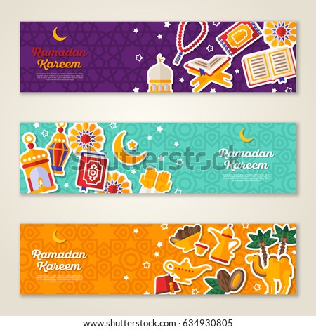 Ramadan Kareem concept horizontal banners with flat sticker icons. Vector illustration. Eid Mubarak. Quran, Traditional Lanterns, Dates Ramadan Kareem concept horizontal banners with flat sticker icons. Vector illustration. Eid Mubarak. Quran, Traditional Lanterns, Dates