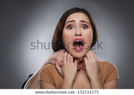 choking woman hands young shocked strangling her portrait hand someones while isolated grey looking someone covering shutterstock shut mouth beautiful
