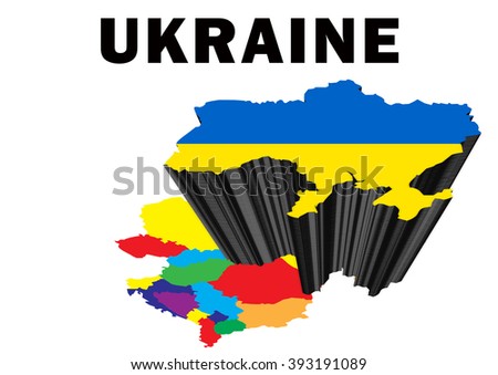 Outline map of Eastern Europe with Ukraine raised and highlighted with the national flag - stock photo