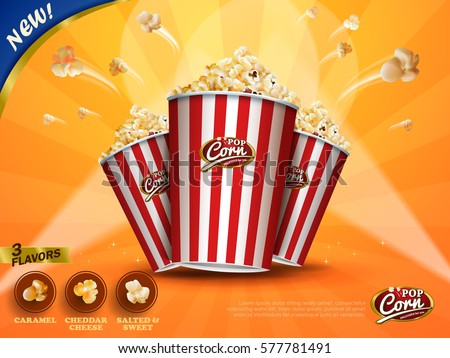 Classic popcorn ads, delicious popcorn flying out of cardboard box isolated on yellow striped background in 3d illustration, three flavors for choose Classic popcorn ads, delicious popcorn flying out of cardboard box isolated on yellow striped background in 3d illustration, three flavors for choose
