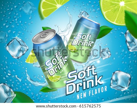 soft drink contained in metallic cans with lemon and ice cube elements, light blue background soft drink contained in metallic cans with lemon and ice cube elements, light blue background