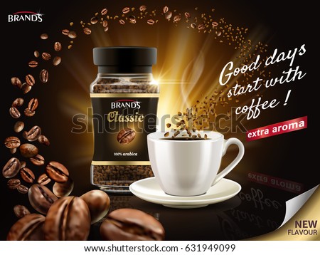 instant arabica coffee ad, surrounded by countless coffee bean elements, 3d illustration instant arabica coffee ad, surrounded by countless coffee bean elements, 3d illustration