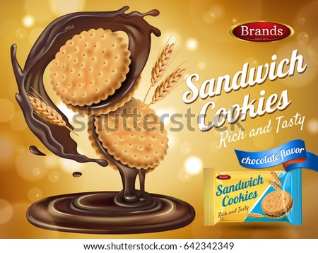 chocolate flavor sandwich cookie ad with packaging and wheat elements, 3d illustration chocolate flavor sandwich cookie ad with packaging and wheat elements, 3d illustration