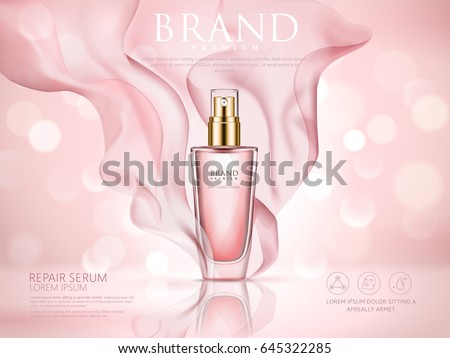 repair serum ad, pink bokeh background with soft pink chiffon, 3d illustration repair serum ad, pink bokeh background with soft pink chiffon, 3d illustration