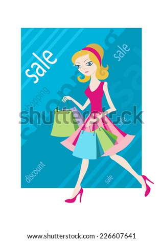 Shopping sale girl woman goes and showing shopping bags flat design