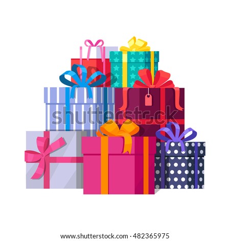 Big pile of colorful wrapped gift boxes. Mountain gifts. Beautiful present box with overwhelming bow. Gift box icon. Gift symbol. Christmas gift box. Isolated vector illustration Big pile of colorful wrapped gift boxes. Mountain gifts. Beautiful present box with overwhelming bow. Gift box icon. Gift symbol. Christmas gift box. Isolated vector illustration