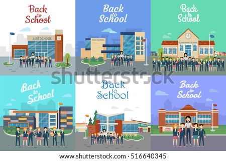 Icons with school types. Teacher and students. Collection of pictures with different kinds of modern educational institutions. Elementary, secondary, high, upper, best schools. Vector illustration Icons with school types. Teacher and students. Collection of pictures with different kinds of modern educational institutions. Elementary, secondary, high, upper, best schools. Vector illustration