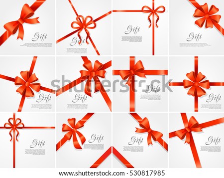 Set gift card vector illustration on white background, luxury wide gift bow with red ribbon and space frame for text, gift wrapping template for banner, poster design. Simple cartoon style Flat design Set gift card vector illustration on white background, luxury wide gift bow with red ribbon and space frame for text, gift wrapping template for banner, poster design. Simple cartoon style Flat design