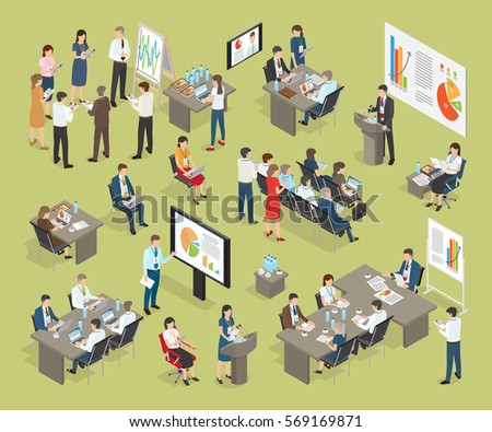 Business coaching vector collection in office. Workers with badges hanging on neck stand near stand with diagram, listen to boss, use electronic devices, discuss issues of day. Working process Business coaching vector collection in office. Workers with badges hanging on neck stand near stand with diagram, listen to boss, use electronic devices, discuss issues of day. Working process