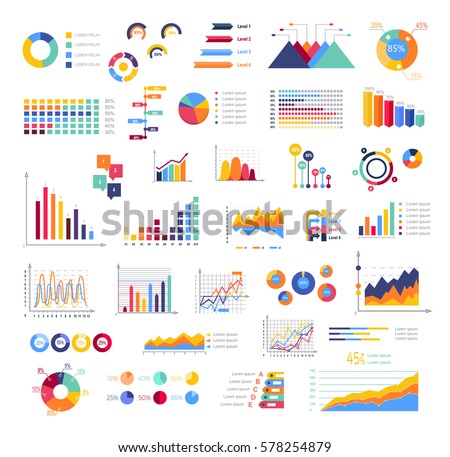 Graphics colourful for display white poster. Round, triangular, rising, falling and with percentages diagrams showing business progress and regression. Vector set of abstract virtual elements. Graphics colourful for display white poster. Round, triangular, rising, falling and with percentages diagrams showing business progress and regression. Vector set of abstract virtual elements.