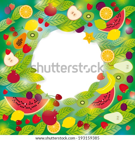 Healthy lifestyle. Set of fruits and leaves on the green background ...