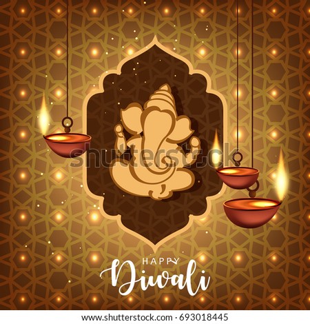 Happy Diwali, Vector Illustration, Easy to Edit, Shri Ganesha, Hanging Diyas, Hindu Festival. Happy Diwali, Vector Illustration, Easy to Edit, Shri Ganesha, Hanging Diyas, Hindu Festival.