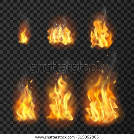 Set of realistic fire flames of various size with sparks on transparent background isolated vector illustration Set of realistic fire flames of various size with sparks on transparent background isolated vector illustration