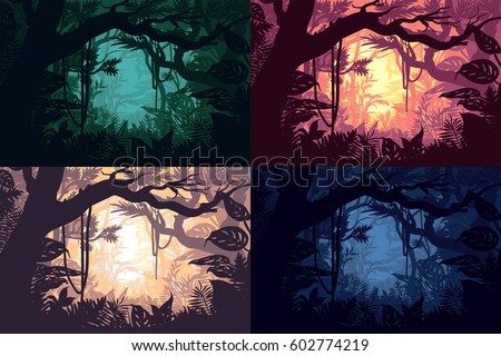 Beautiful jungle landscapes set with tropical forest sceneries in different colors and day time vector illustration Beautiful jungle landscapes set with tropical forest sceneries in different colors and day time vector illustration