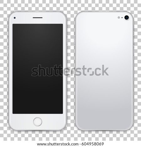 White mobile phone concept, front view and back side with shadows on transparent background. Smart phone with camera, power and volume buttons. Vector realistic high detailed illustration. White mobile phone concept, front view and back side with shadows on transparent background. Smart phone with camera, power and volume buttons. Vector realistic high detailed illustration.