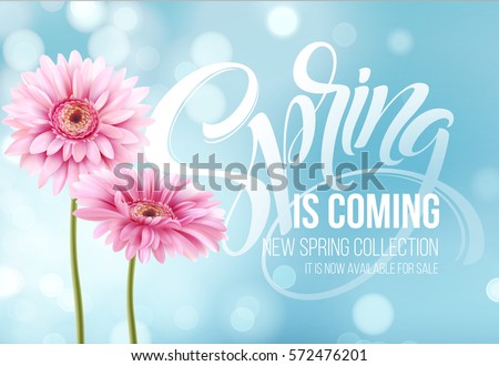 Gerbera Flower Background and Spring is coming Lettering. Vector Illustration EPS10 Gerbera Flower Background and Spring is coming Lettering. Vector Illustration EPS10