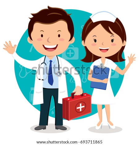 Doctor and Nurse. Doctor holding first aid box. Doctor and Nurse. Doctor holding first aid box.
