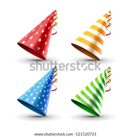 Party hat set isolated on a white. Birthday hat set. Vector fun decoration. Colorful surprise costume. Party hat set isolated on a white. Birthday hat set. Vector fun decoration. Colorful surprise costume.
