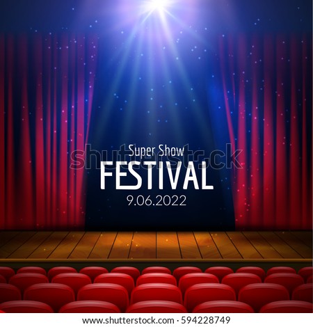 Vector Festive design with lights and wooden scene and seats. Poster for concert, party, theater, dance template. Wooden Stage with Curtains. Poster Template with Lights Vector Festive design with lights and wooden scene and seats. Poster for concert, party, theater, dance template. Wooden Stage with Curtains. Poster Template with Lights