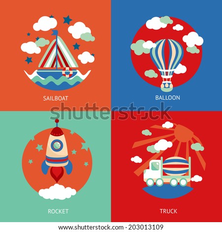 Business concept flat icons set of toys transport cartoon sailboat 