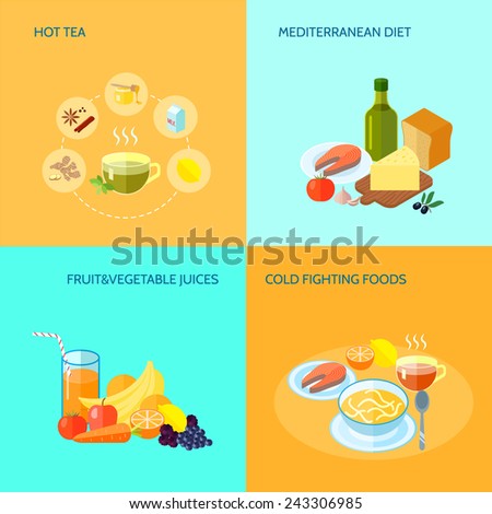 Healthy food flat icons set with hot tea mediterranean diet fruit and ...