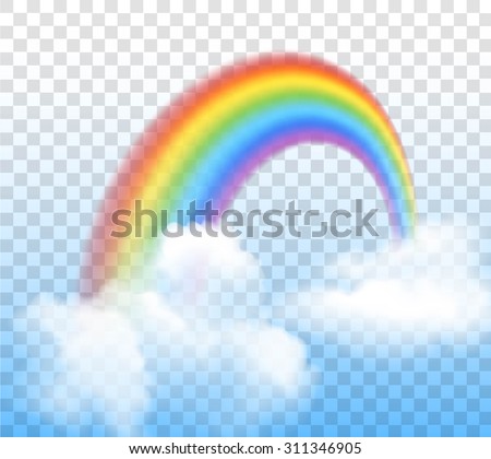 Bright arched rainbow with clouds realistic vector illustration on transparent background - stock vector Bright arched rainbow with clouds realistic vector illustration on transparent background - stock vector