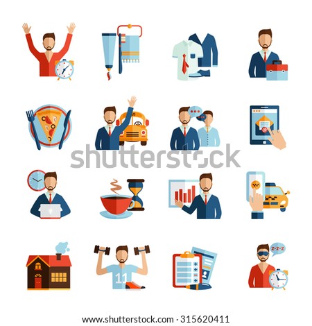 Man daily routine icons set day work and rest life schedule isolated ...