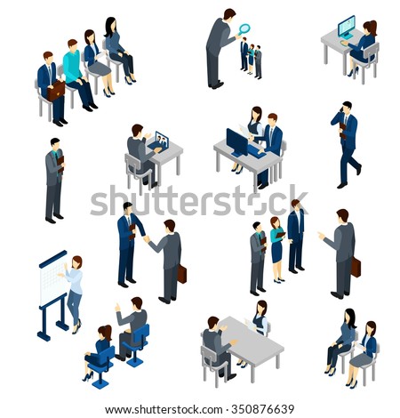 Recruitment process set with isometric business people employees isolated vector illustration - stock vector Recruitment process set with isometric business people employees isolated vector illustration - stock vector