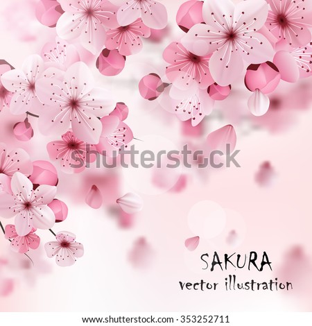Beautiful print with blossoming dark and light pink sakura flowers and title vector illustration - stock vector Beautiful print with blossoming dark and light pink sakura flowers and title vector illustration - stock vector