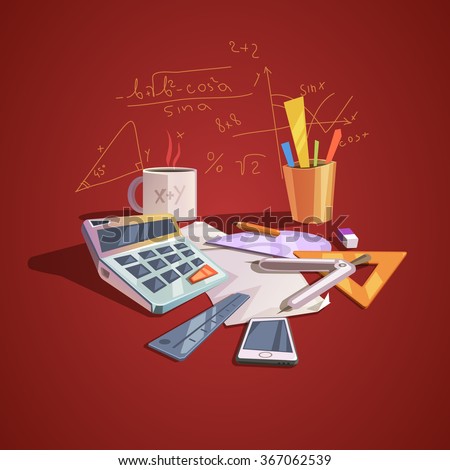 Math science concept with school lesson items in retro cartoon style vector illustration - stock vector Math science concept with school lesson items in retro cartoon style vector illustration - stock vector