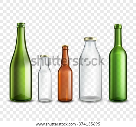 Glass bottles realistic 3d set isolated on transparent background vector illustration - stock vector Glass bottles realistic 3d set isolated on transparent background vector illustration - stock vector