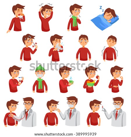 Flu illness cartoon icons with unhealthy people and doctors helping diseased patients flat vector illustration - stock vector Flu illness cartoon icons with unhealthy people and doctors helping diseased patients flat vector illustration - stock vector