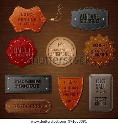 Set of leather labels for clothes on a brown wood background in vintage style vector illustration - stock vector Set of leather labels for clothes on a brown wood background in vintage style vector illustration - stock vector