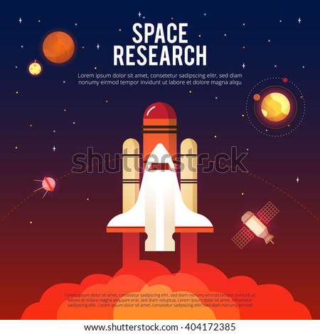 Space research and exploration colorful poster with shuttle launch satellite and international station flat abstract vector illustration - stock vector Space research and exploration colorful poster with shuttle launch satellite and international station flat abstract vector illustration - stock vector